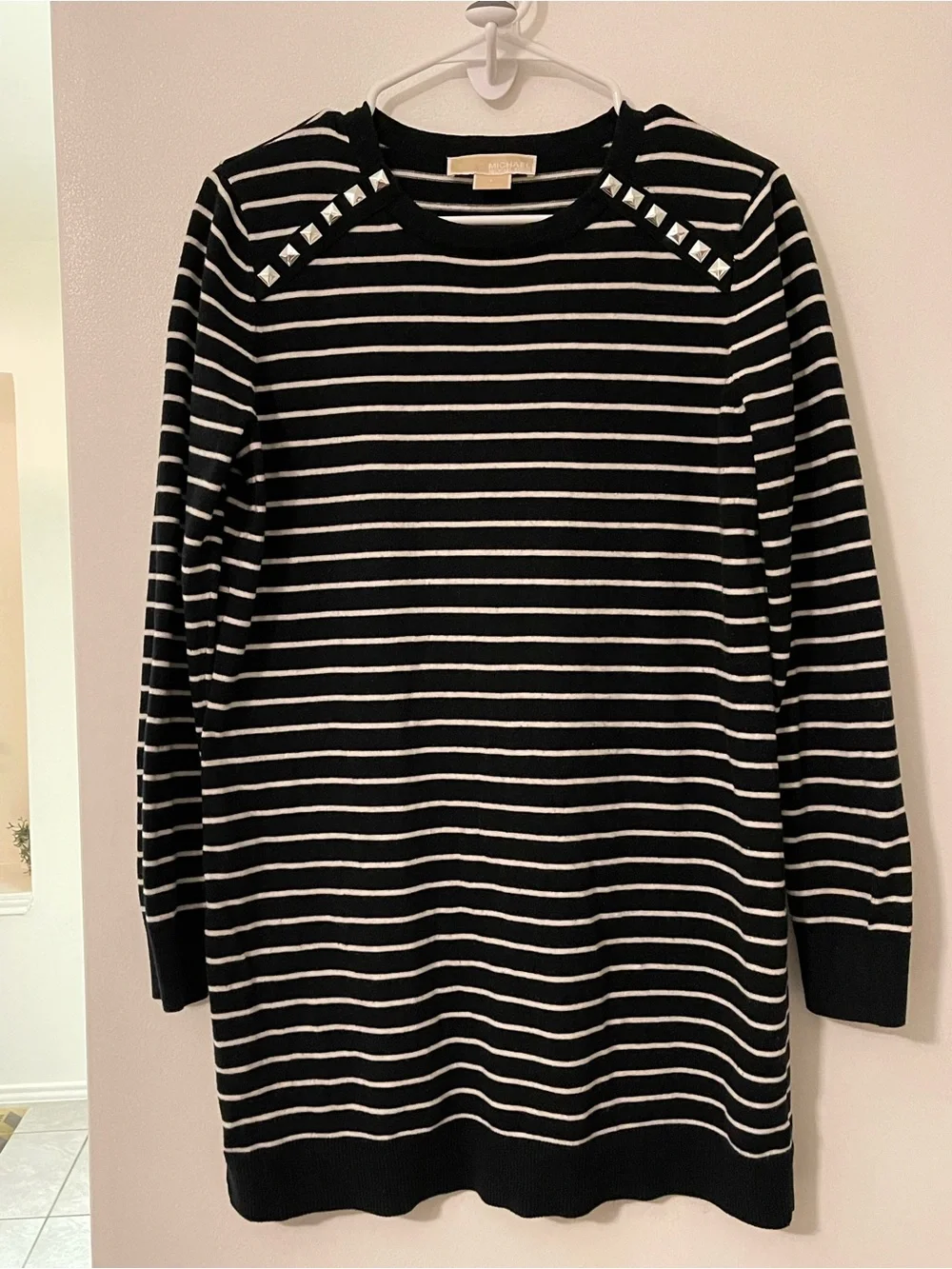 MICHAEL Michael Kors Striped Black & White Studded Shoulder Sweater Dress